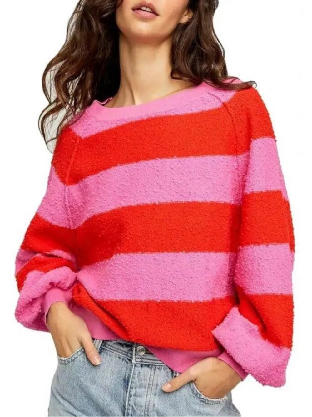 Free People Pink and Red Striped Crewneck Boho Sweater